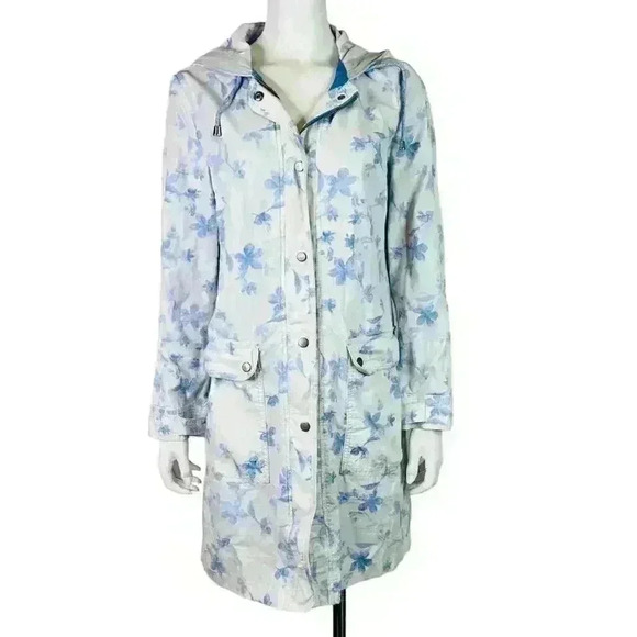 Free People Blue Floral Hooded Button Coat Jacket Size S - Picture 12 of 12